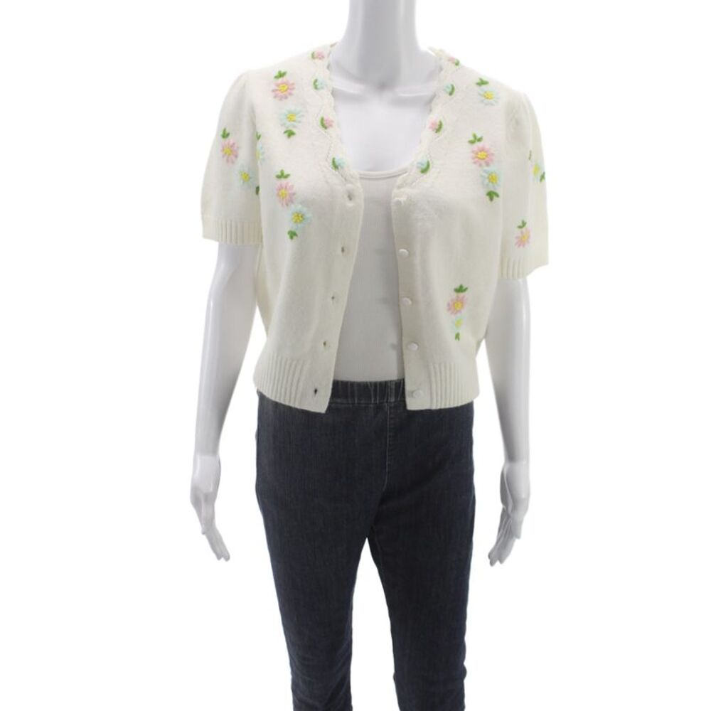 Artlove Unisex Floral White Short Sleeve Cardigan Button Round Neck Size S